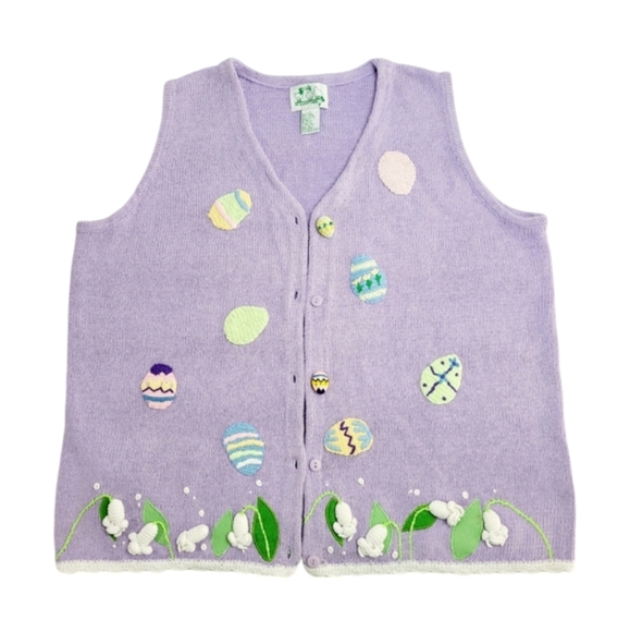 The Quacker Factory Sweaters - Rare Quacker Factory Lavender Appliqued Embroidered Easter Sweater Vest Large